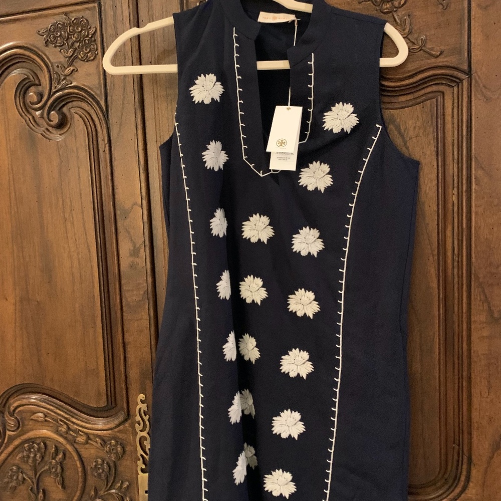 Tory Burch Navy Sleeveless Mini Dress with White Floral Embroidery